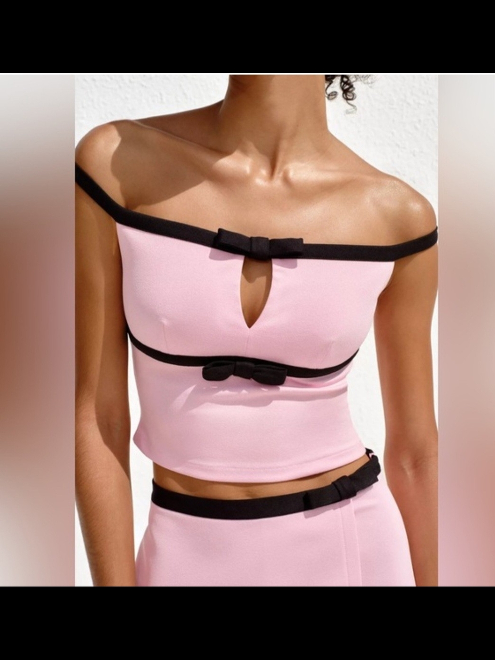 Zara Pink Off-Shoulder Crop Top with Black Trim Size M - Picture 3 of 9